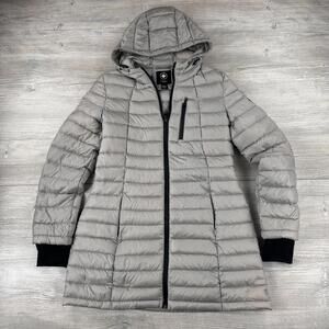 Halifax Traders Down Puffer Jacket Women Medium Silver Gray Long Hooded Packable